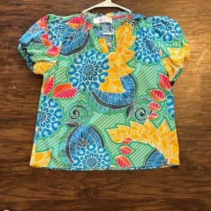 Krush Floral Puff Sleeve Top in Green, Blue & Yellow